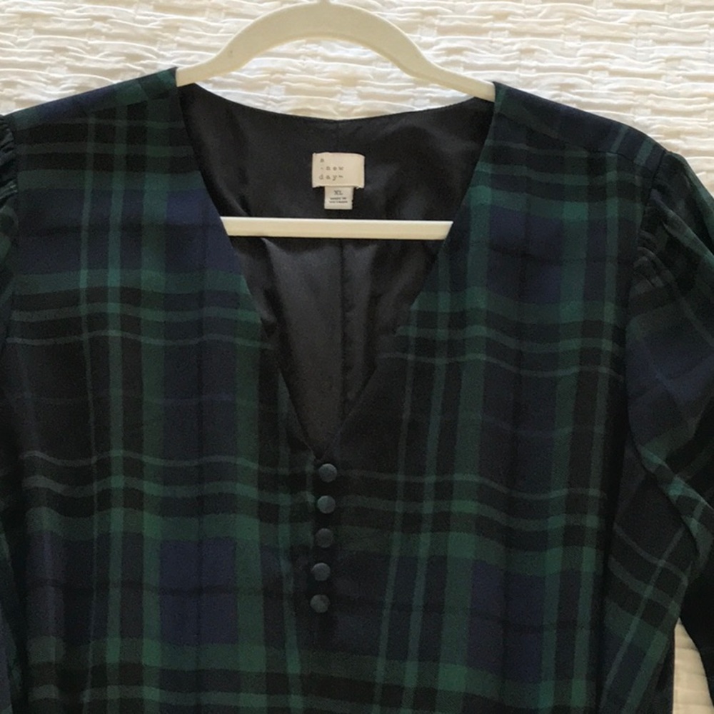 Hunter Green/Blue Plaid Lined Dress XL w/Sheer Sleeves Polyester